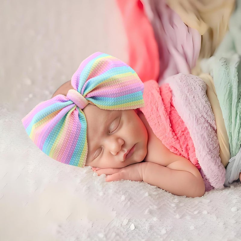 ONENINEDREAM Rainbow Headbands for Baby Girls Hair Bows 2pcs Newborn Infant Toddler Kids Hair Accessories Pink Head Bow Colorful Stripes - Image 3